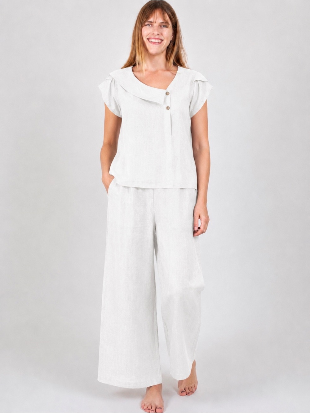 LINTICO 100% Linen White Asymmetrical Button Detail Blouse Top Medium